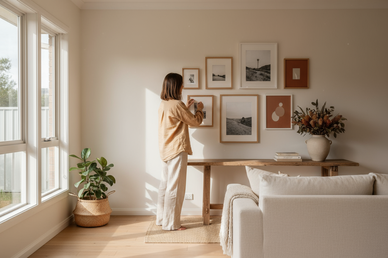 a woman , but no showing face, adjusting pictures frames in a room, colors light also warm , like in a aussie house