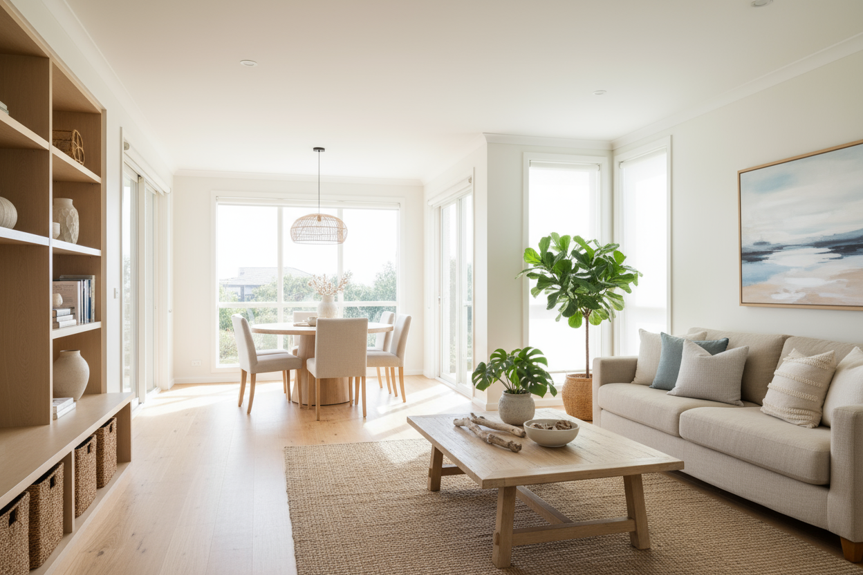 could you please create a fresh and decluttering average australian house , that feel calm, warm, inviting 