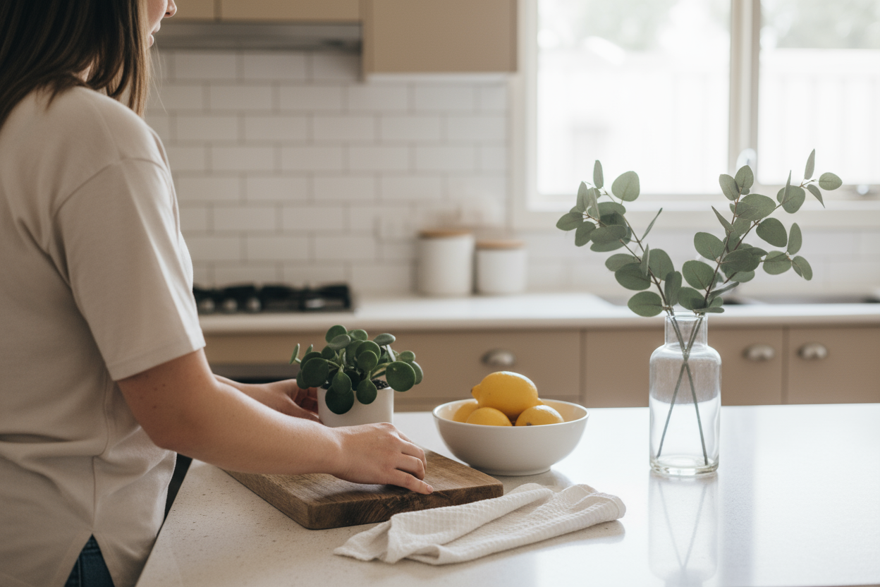 could you please create an image of a woman , please dont show the face, organising a kitchen bench in australia, adding nice details to sell to the house, the bench must be an average bench in australia, but it looks tidy for buyers , please keep the image in warm and calm colors, you can add some of yellow and green to some details