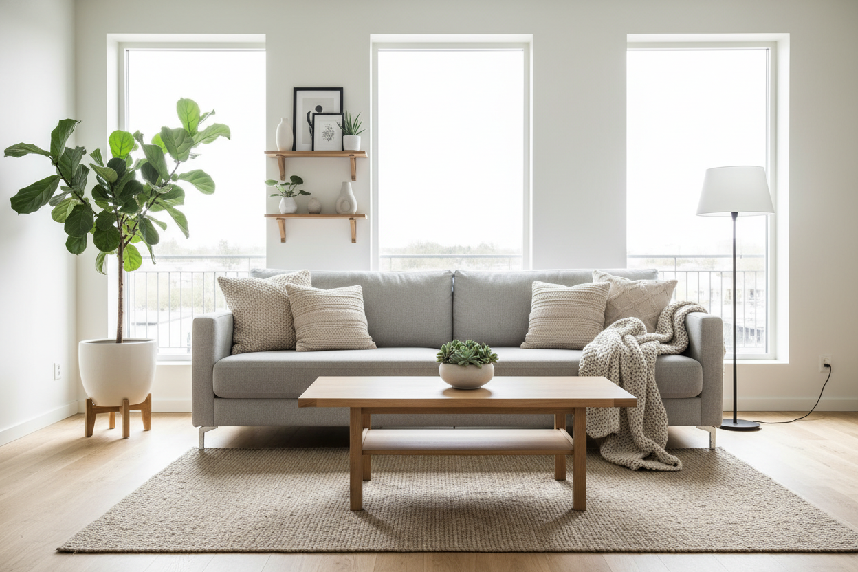 decor home living room, makes inviting , but also is simple and sophisticate, a bit of modern but also scandinavia, youcan add a little tocuh of green